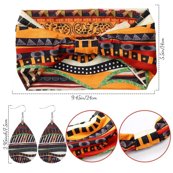 Stylish patterns 4 Pairs African Faux Leather Earrings and 4 Pieces Headbands.